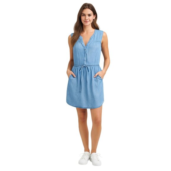 Gap Women's Sleeveless Chambray Dress with Drawstring Waist & Pockets L - Picture 1 of 8